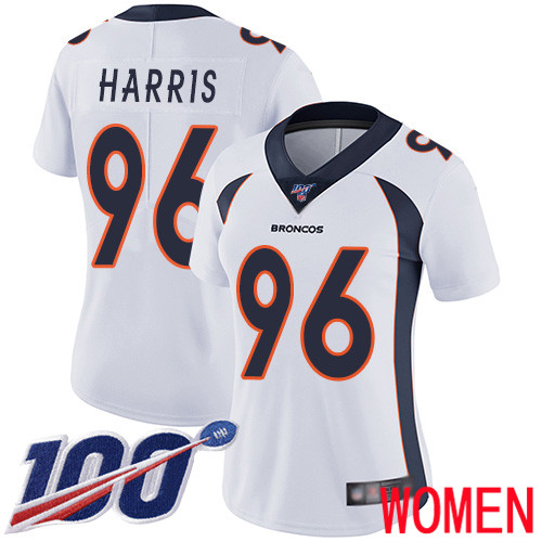 Women Denver Broncos #96 Shelby Harris White Vapor Untouchable Limited Player 100th Season Football NFL Jersey->women nfl jersey->Women Jersey